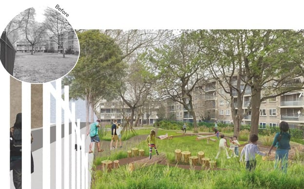 CGI image showing green space with wooden stepping stones and children playing at the centre of the estate, railings removed.