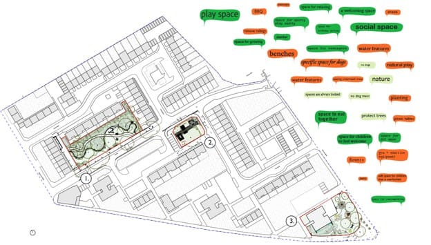 Map of estate showing 3 numbered sites that have been selected for greening.