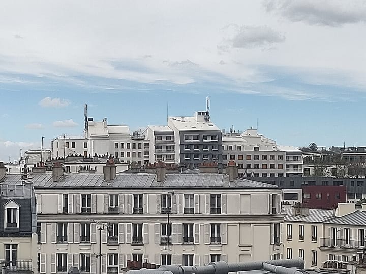 White painted roofs in Paris 19th arrondissement, part of project by Briq formation in 2024.