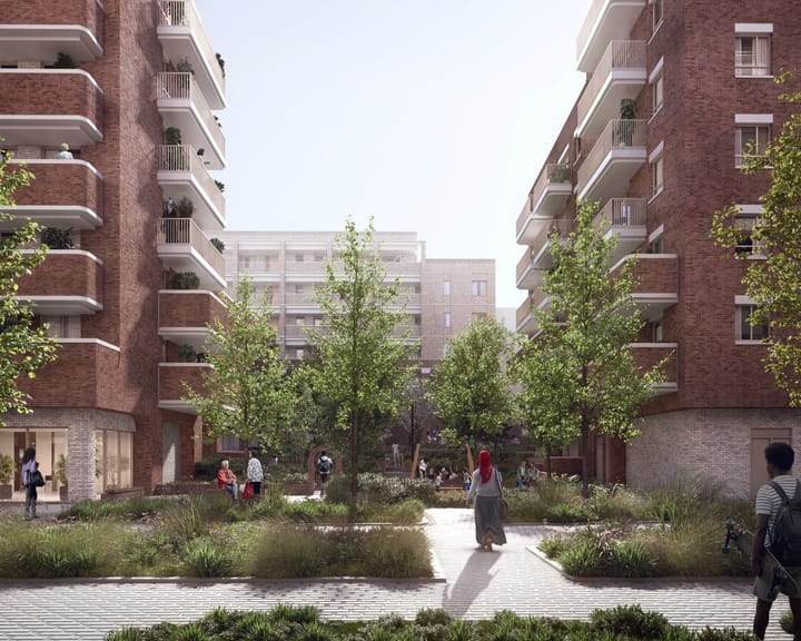 Architects drawings for Achilles Street estate, New Cross.  The plans offer 60% affordable housing