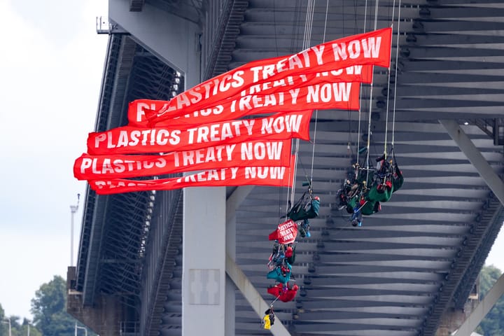 Greenpeace activists absblock ship carrying fuel to Ineos petrochemical plan - while Ineos blocks the global plastics treaty.