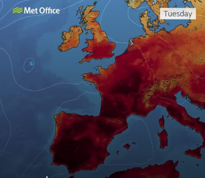 Met office map of heatwave across mainland Europe, spreading to southern UK