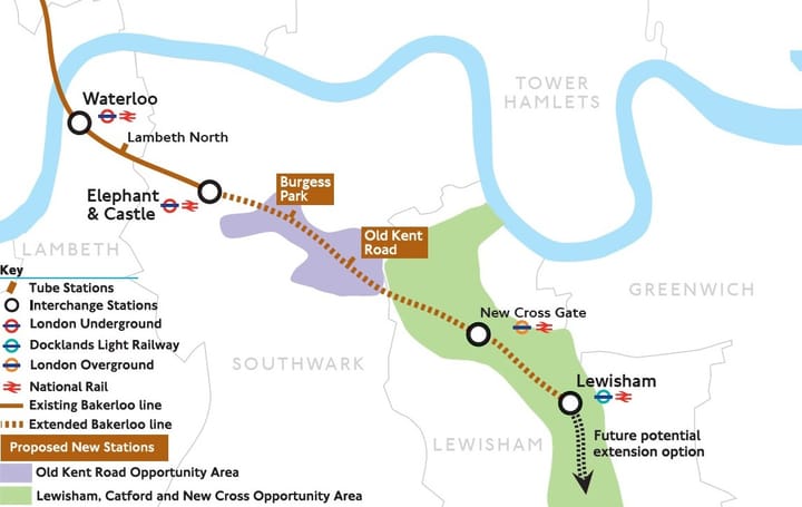 Map of the proposed Bakerloo line extension from Elephant & Castle to Lewisham
