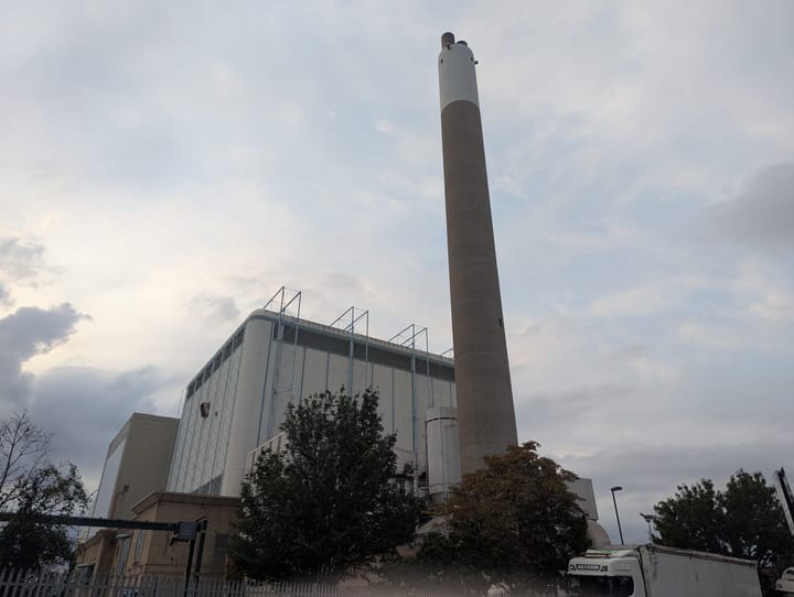 SELCHP chimney and plant buildings, lorry outside.