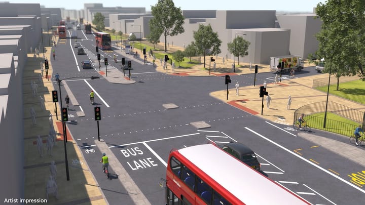 Computer generated artist's impression of Rushey Green looking northwards, with new pedestrian crossings and cycle lanes. 