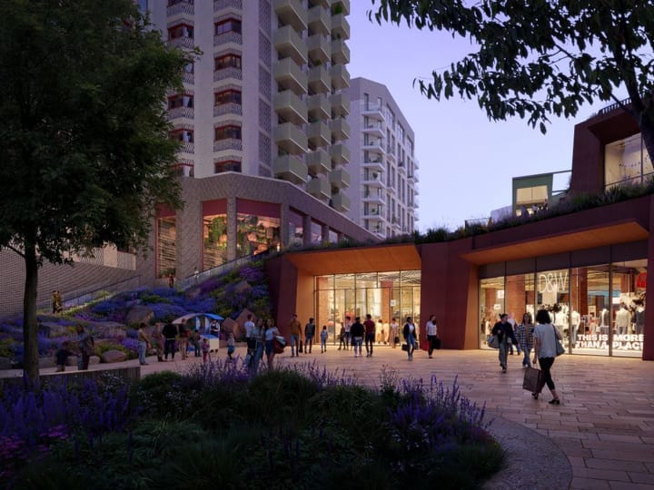 CGT image of the new shopping centre with housing tower blocks in background, planted area in foreground.