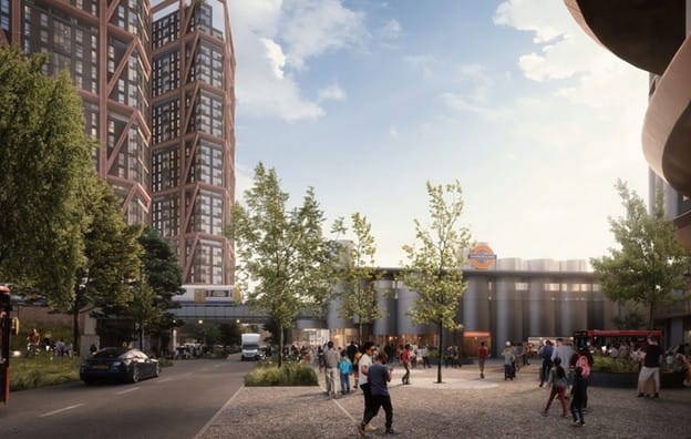 CGT of the planned station, with parts of Renewal Phase 1 angular tower blocks seen on left. 