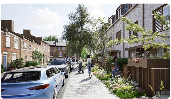 CGI view looking east down Collins street, 2-storey Victorian terrace on left, new 3-storey townhouses on right.