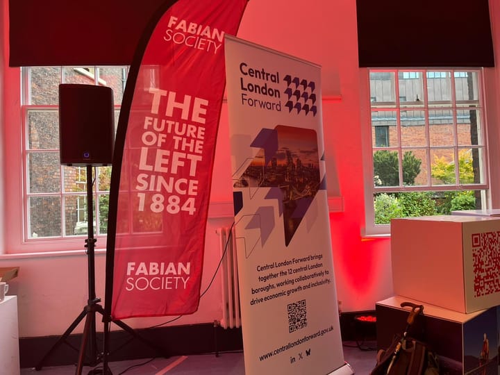 Fabian Society banner - "The Future of the Left since 1884". Central London Forward event, Labour Party conference.
