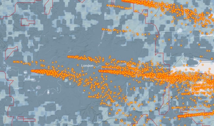 Climate Trace map shows PM2.5 represented by orange dots streaming across London, SELCHP is a concentrated source o at centre