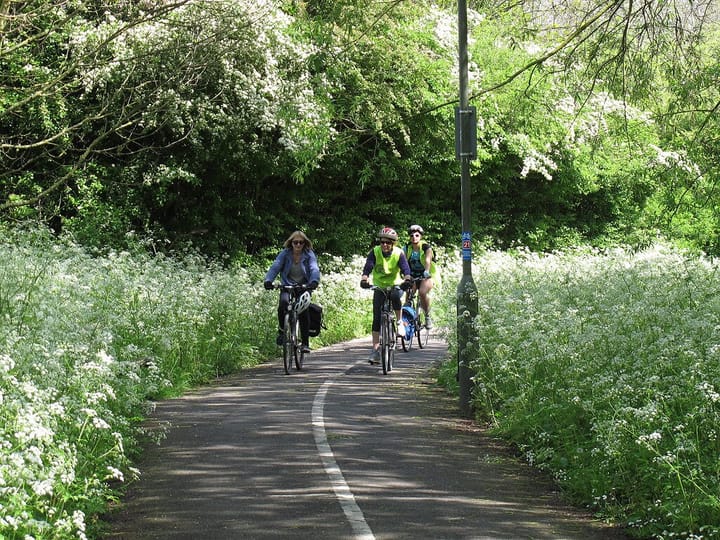 3 cyclists riding along the C18 cycleway Waterlink Way, in 2008. 