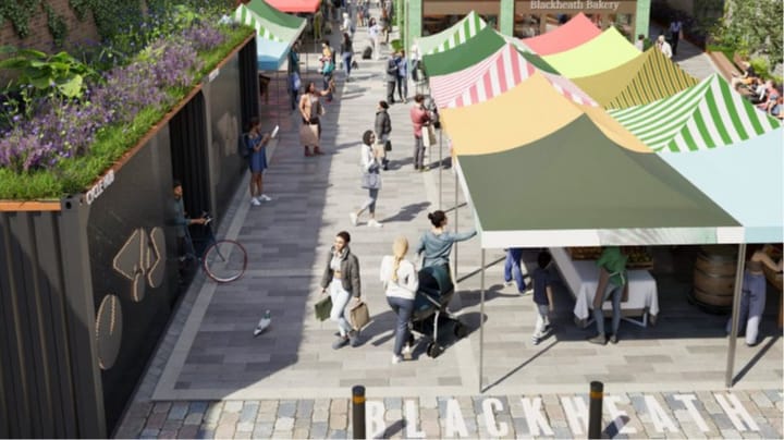 GCI showing new layout of Sunday market, shoppers and stalls with awnings. Bike store on left