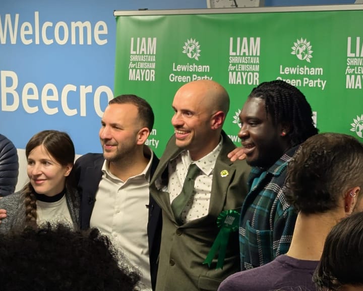 Zack Polanski with councillor candidates for Crofton Park ward - Natalie Thomas, Cllr Liam Shrivastava, Aaron Regisford.