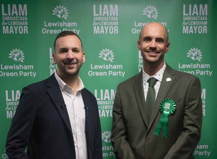 Zack Polanski and Liam Shrivastava, against backdrop "Liam Shrivastava for Lewisham mayor".