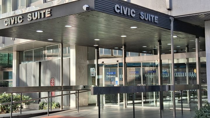 Entrance to Lewisham civic suite, Catford, glass windows and doors.