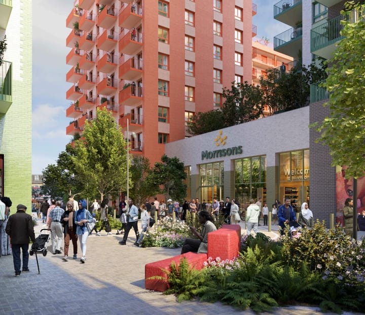 CGI of plans showing new Morrisons store and part of high rise housing block.