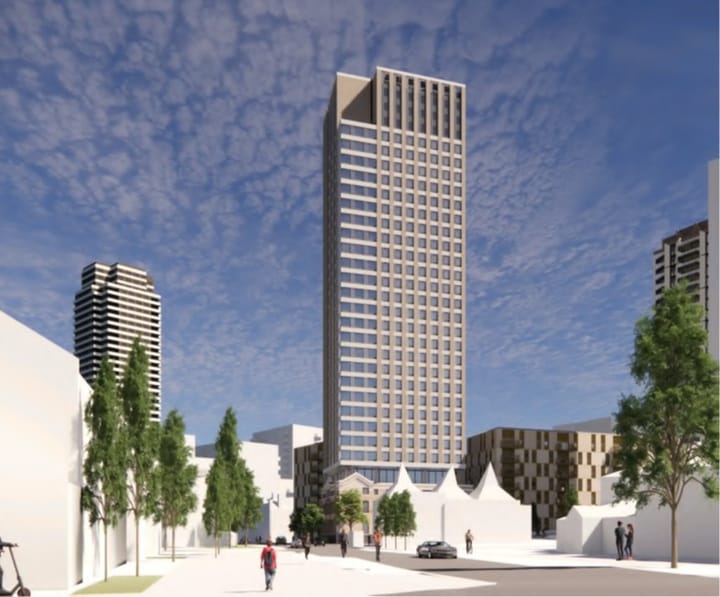CGI of Scott House looking south down Grove Street, 31-storey tower block. 