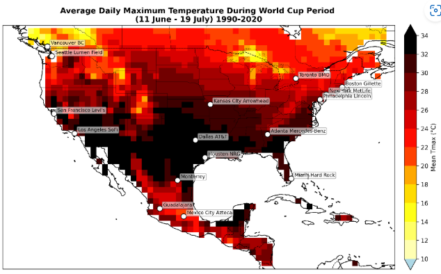 Heat map of north America showing average temperatures in different regions during the tournament dates, darkest red in southern US states.