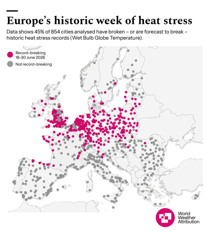 Map of Europe including UK showing around 380 red dots of cities which have broken heat stress records or are expected to, this week.
