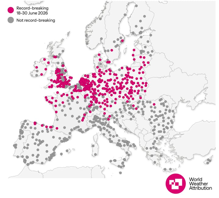 Map of Europe including UK showing around 380 red dots of cities which have broken heat stress records or are expected to, this week.