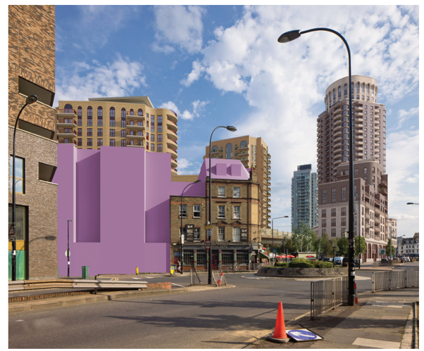 CGI of Deptford Church Street with new scheme.  Building C behind and taller than Birds Nest pub, buildings E and 30-storey tower A in background.