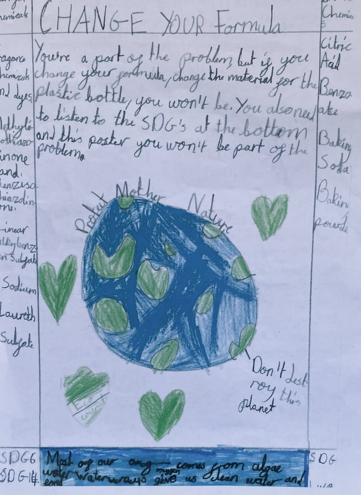 Post drawn by child for their campaign - picture of the world, blue with green shapes and slogan Protect Mother Nature, green hearts, with text reference to SDGs and school Eco council.